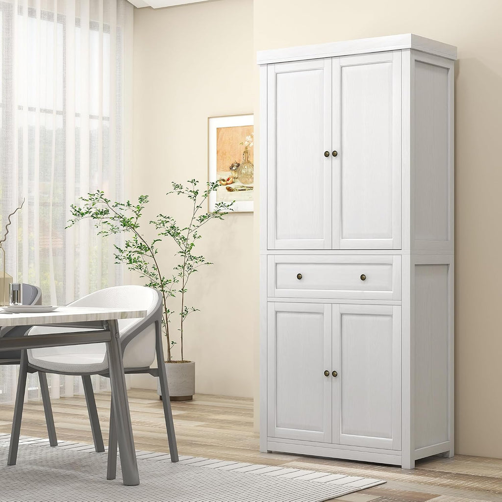 72.5" Tall Farmhouse Kitchen Pantry Storage Cabinet, Freestanding Kitchen Cabinet with 4 Doors, Drawer and Adjustable Shelves for Dining Room, Distressed White,16 * 30 * 72.5