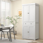 72.5" Tall Farmhouse Kitchen Pantry Storage Cabinet, Freestanding Kitchen Cabinet with 4 Doors, Drawer and Adjustable Shelves for Dining Room, Distressed White,16 * 30 * 72.5
