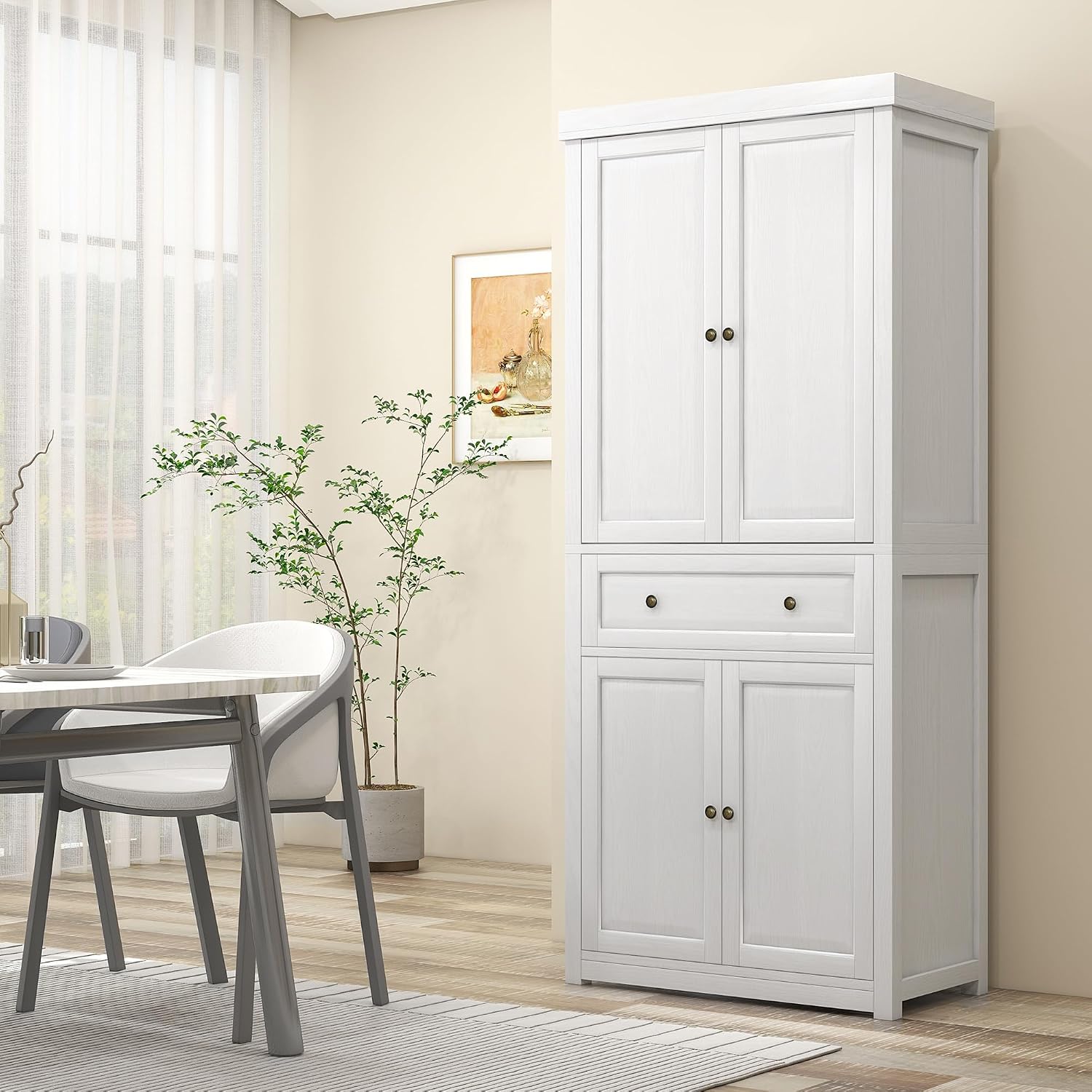 72.5" Tall Farmhouse Kitchen Pantry Storage Cabinet, Freestanding Kitchen Cabinet with 4 Doors, Drawer and Adjustable Shelves for Dining Room, Distressed White,16 * 30 * 72.5