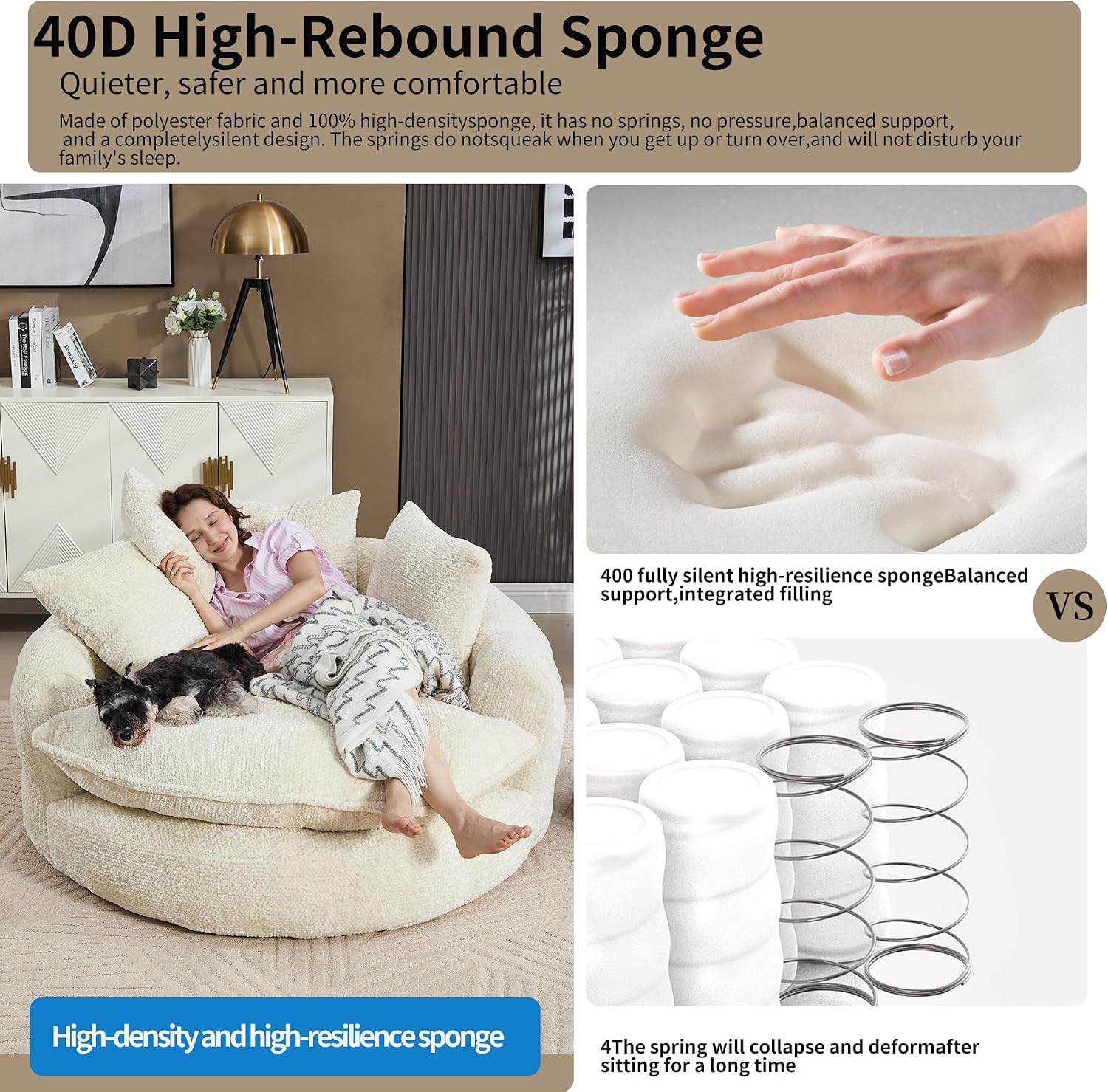 55 inch Oversized Round Chair, Fluffy Chenille Boneless Sofa with Extra Deep Seat for Living Room Lounge (Beige)
