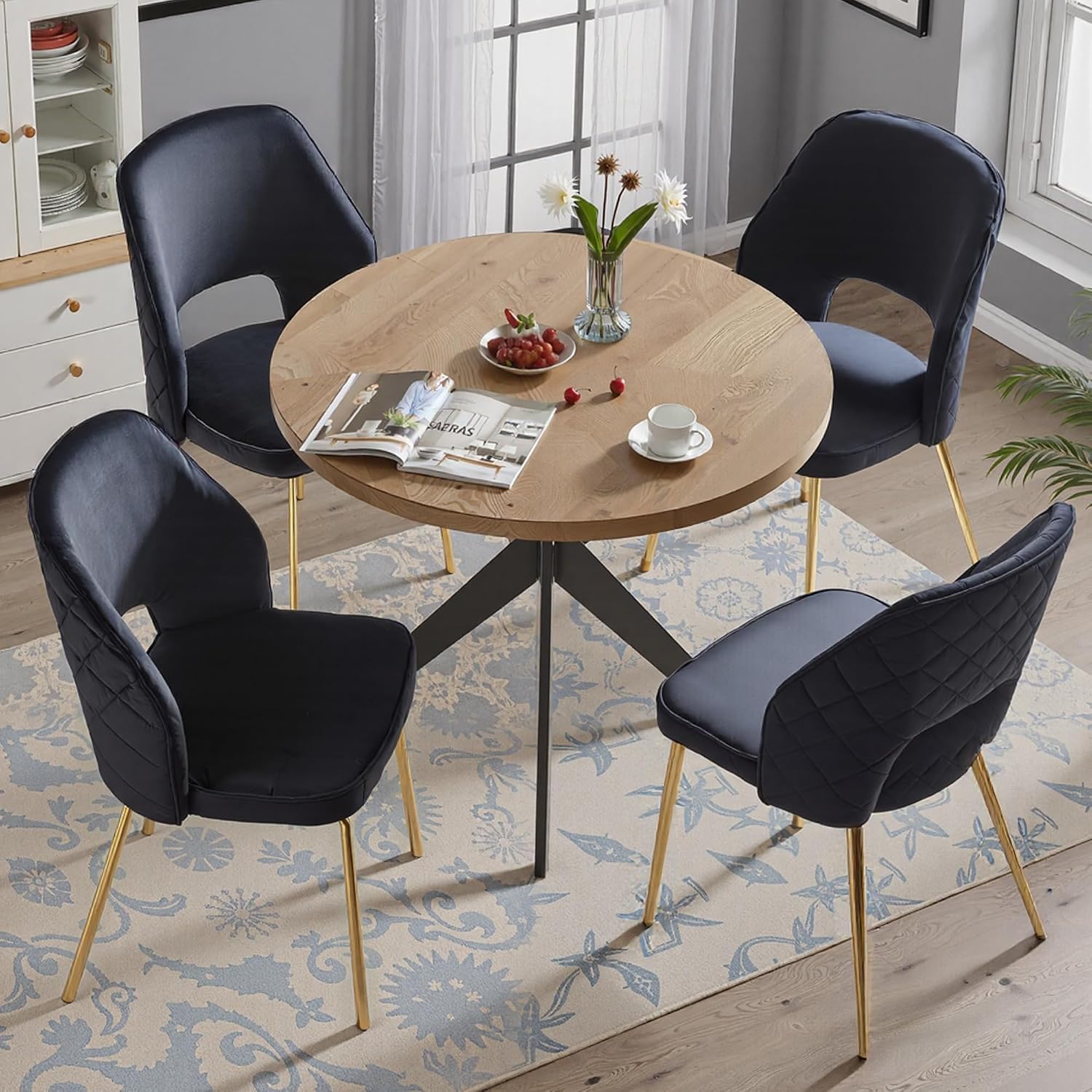 Velvet Black Dining Chairs Set of 4 Modern Accent Chairs Upholstered Dining Room Chairs with Gold Metal Legs Thick Cushions Armless Back Chair for Kitchen Living Room Vanity