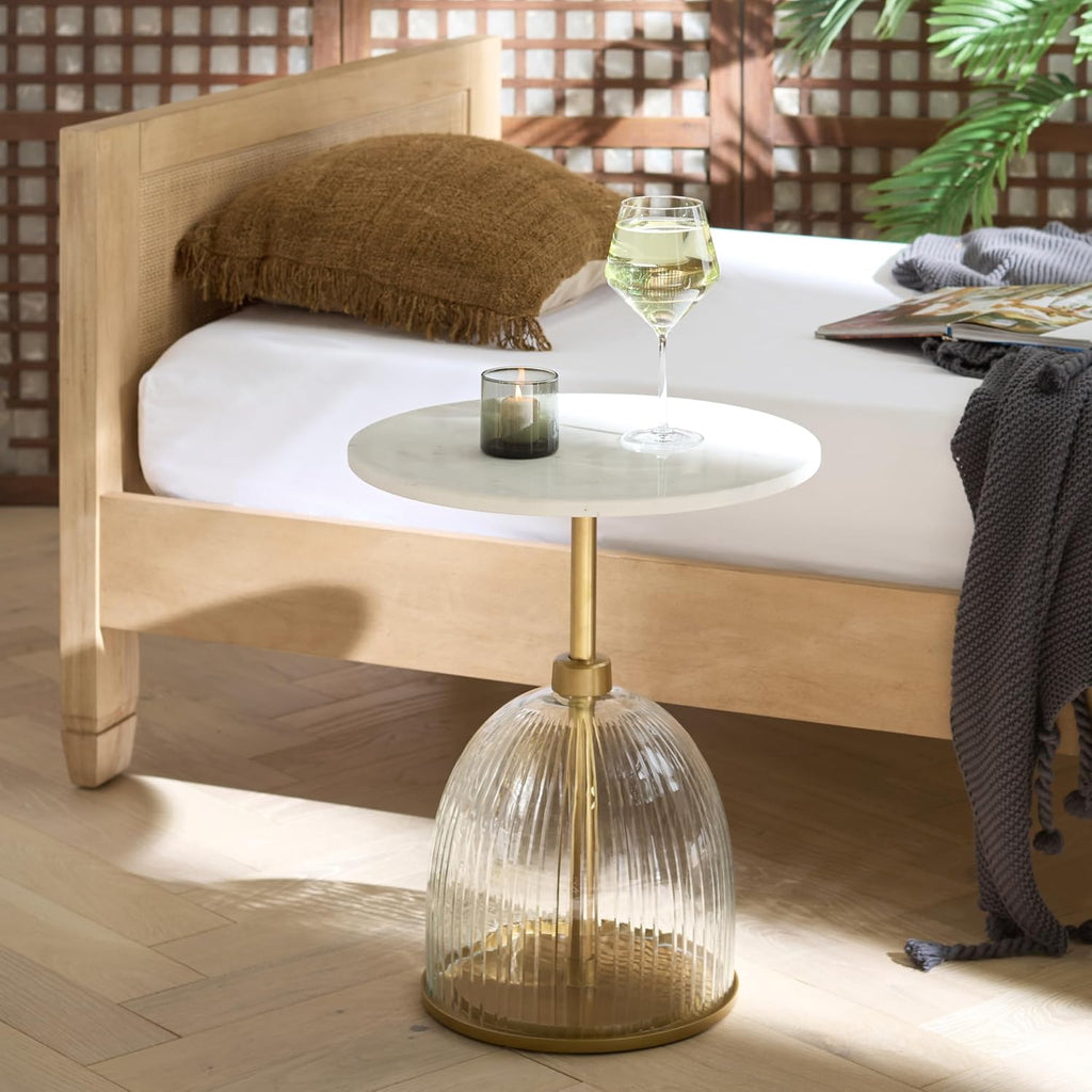 SAFAVIEH Home Collection – Kashi Clear Glass & White Marble Round Side Table, Modern Pedestal Accent Table, Fully Assembled (ACC3217A)