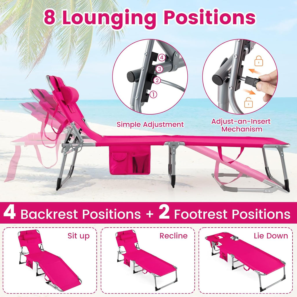 Giantex Face Down Tanning Chair, Folding Beach Lounge Chair w/ 4-Position Adjustable Backrest, Outdoor Sunbathing Lounge Chair w/Face Arm Holes & Storage Pocket for Patio Deck Poolside (2, Pink)