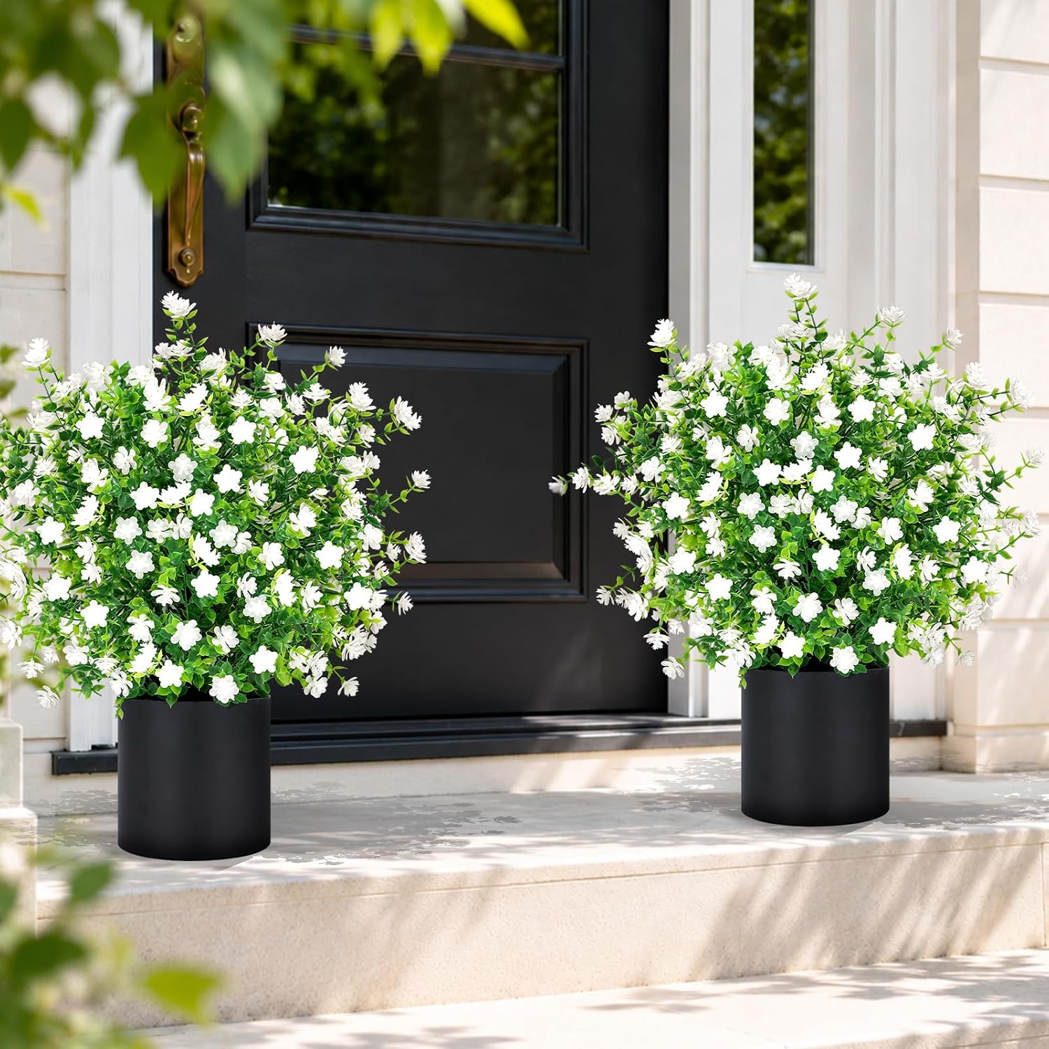 2 Pack Artificial Potted Boxwood Topiary Trees - UV Resistant Faux Outdoor Potted Plants, Spring Summer Greenery Fake Bushes for Front Door Farmhouse Garden Porch Outdoor Decor