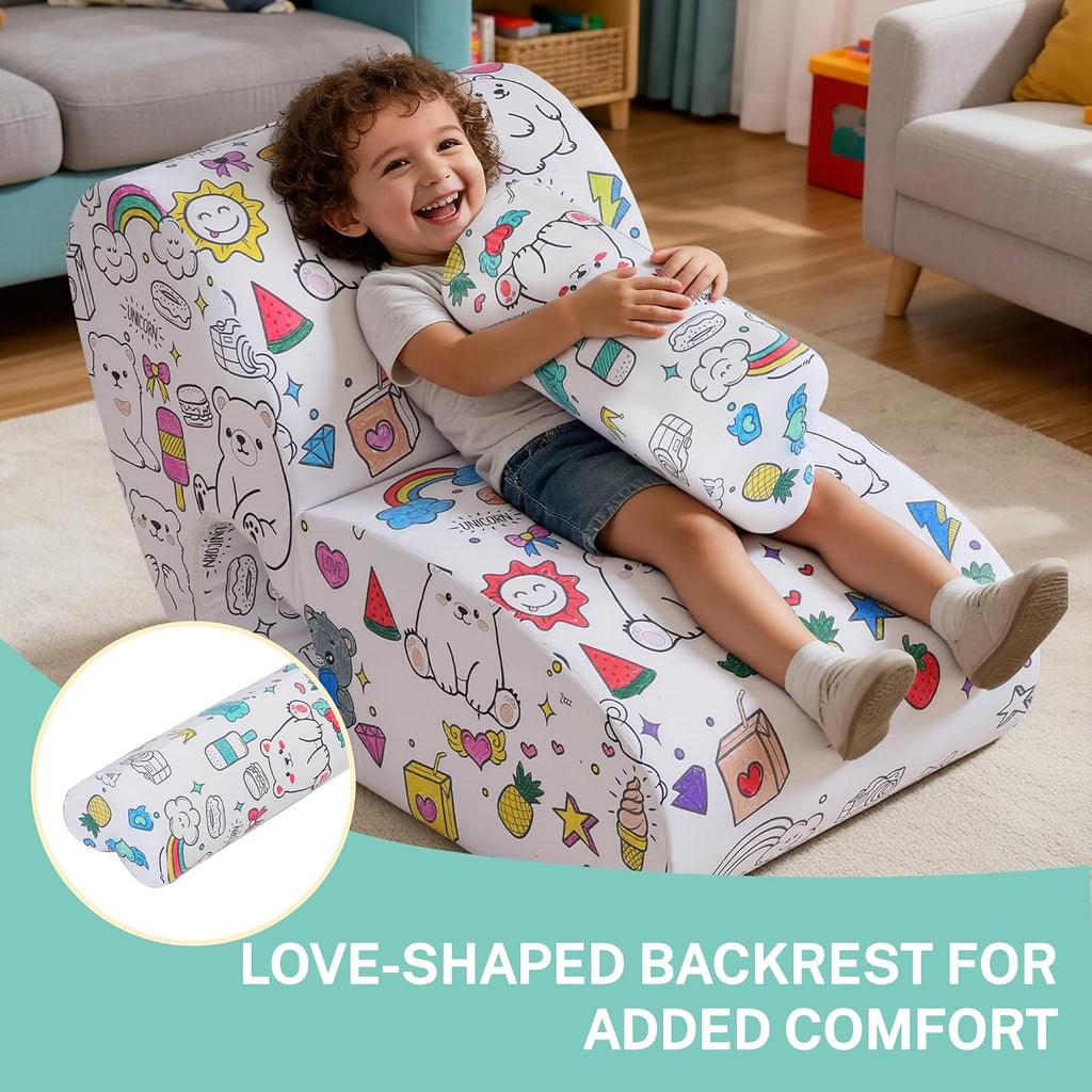 Graffiti Kids Couch Sofa，DIY Colorful Artistic Design, Ultra-Soft Comfort for Toddler Chair, Cute Graffiti Pattern Sofa for Girls and Boys, Comfy Toddlers Chairs for Bedrooms Living Rooms