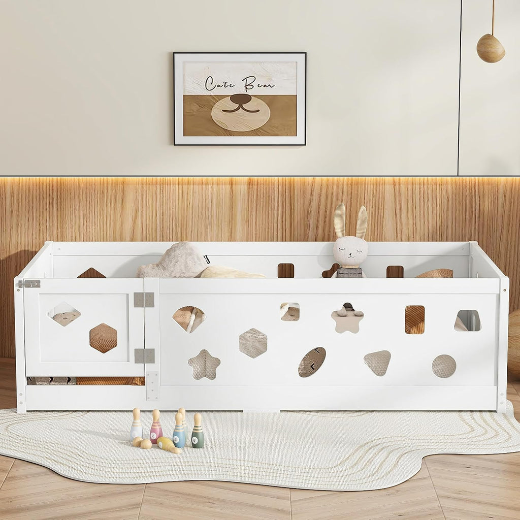 Twin Size Floor Bed with Heightened Safety Guardrails and Door, Solid Wood Bede with Rails for Girls, Boys, Teens, Child Bedroom, Playroom, No Slats Included, White