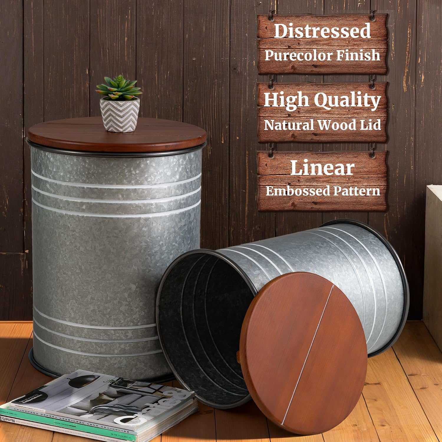 Glitzhome Nesting Tables for Living Room, Round Coffee Tables Set of 2, Metal Farmhouse Small Accent End Table with Storage and Lid for Bedroom Office Plant Stander, Grey