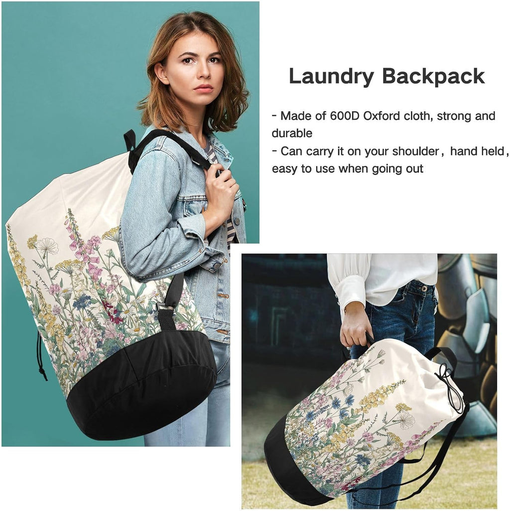 Flower Leaves Beige Laundry Bag Backpack Dirty Clothes Organizer With Strap and Handles Washable for College Travel Camp Dorm Essentials