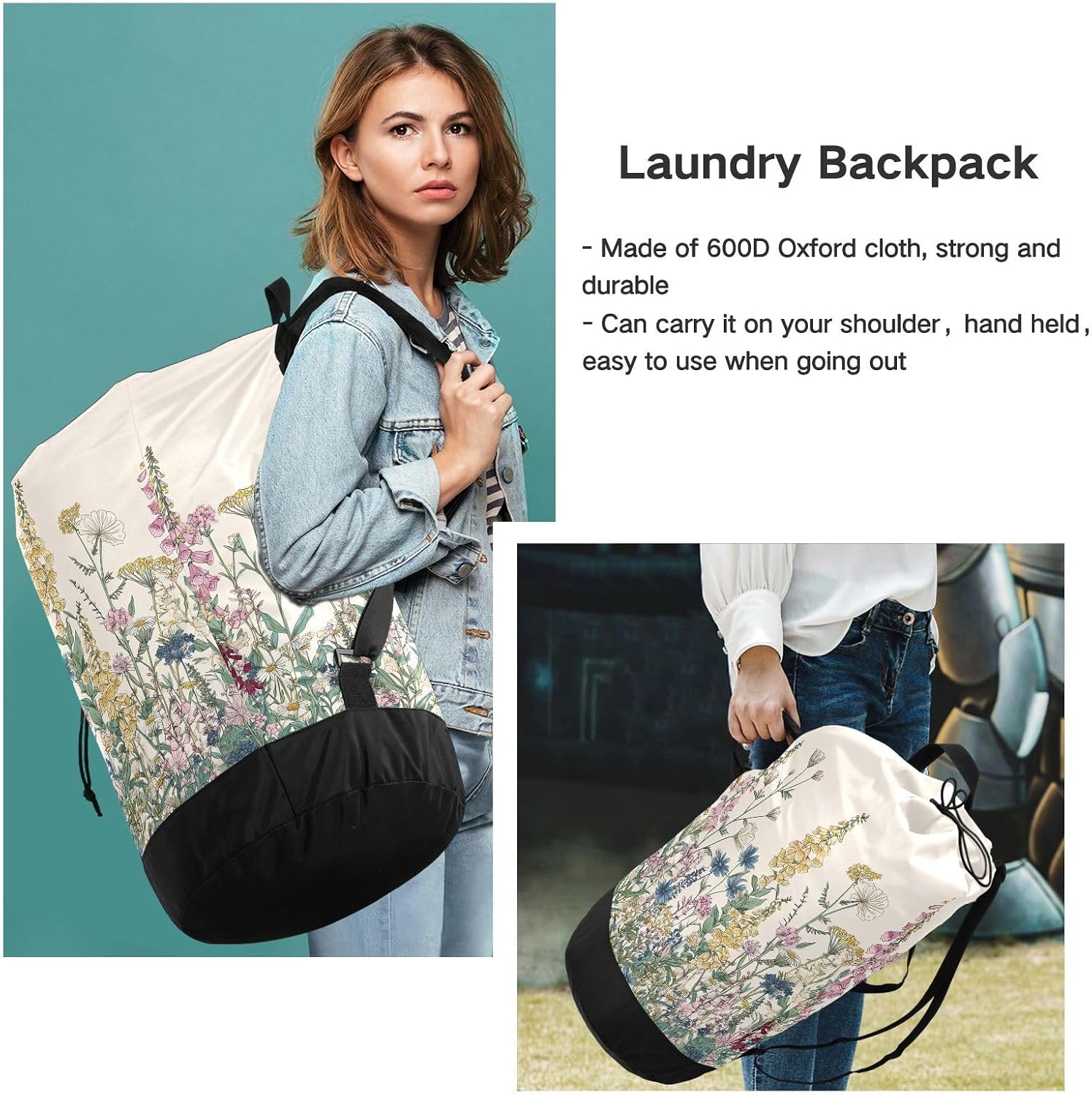 Flower Leaves Beige Laundry Bag Backpack Dirty Clothes Organizer With Strap and Handles Washable for College Travel Camp Dorm Essentials