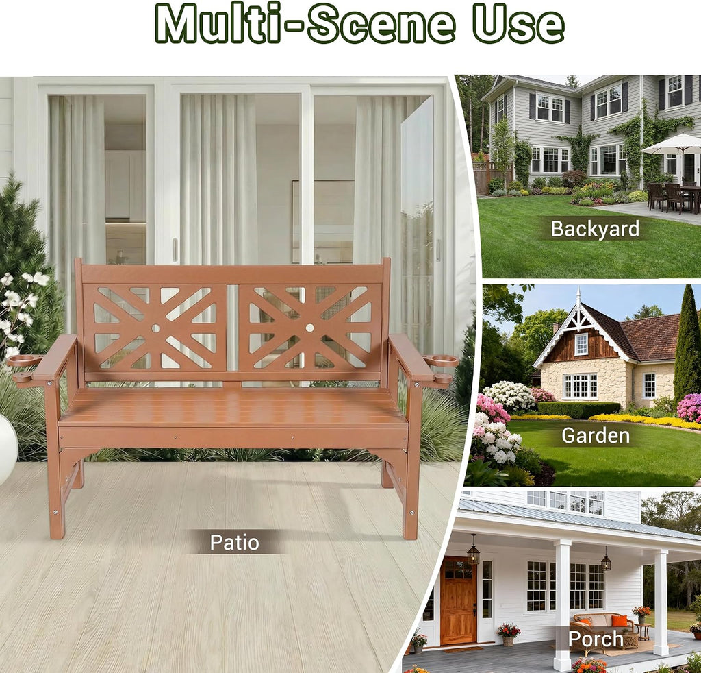 Outdoor Bench with Cup Holders, HDPE 2-Person All-Weather Patio Bench, 660 lbs Capacity, Fade & Rot Resistant for Porch Backyard Park, Brown