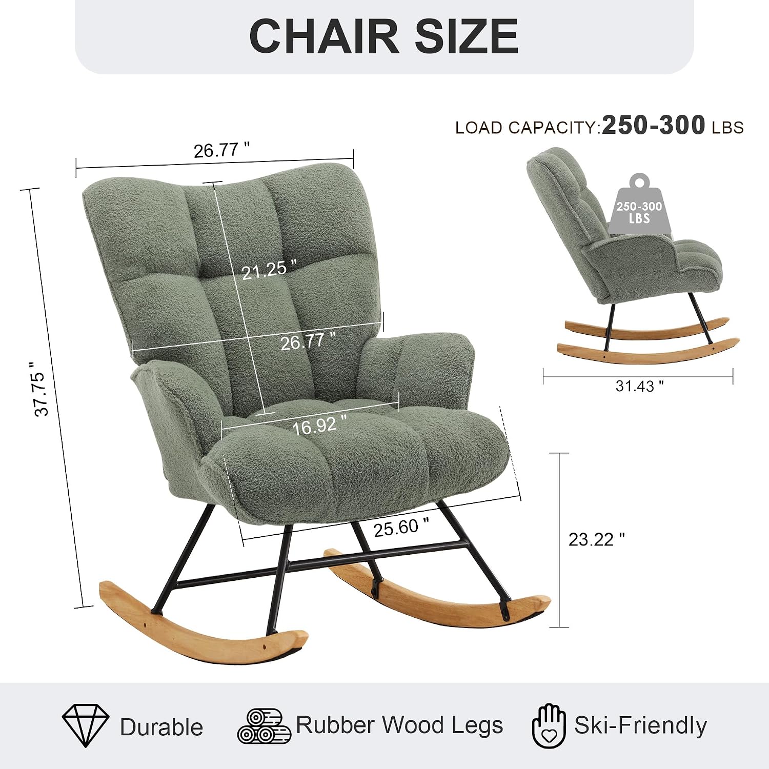 Rocking Chair Nursery Teddy Upholstered Glider Rocker Rocking Accent Chair Padded Seat with High Backrest Comfy Armchair Side Chair for Living Room Bedroom (Sagegreen Teddy)