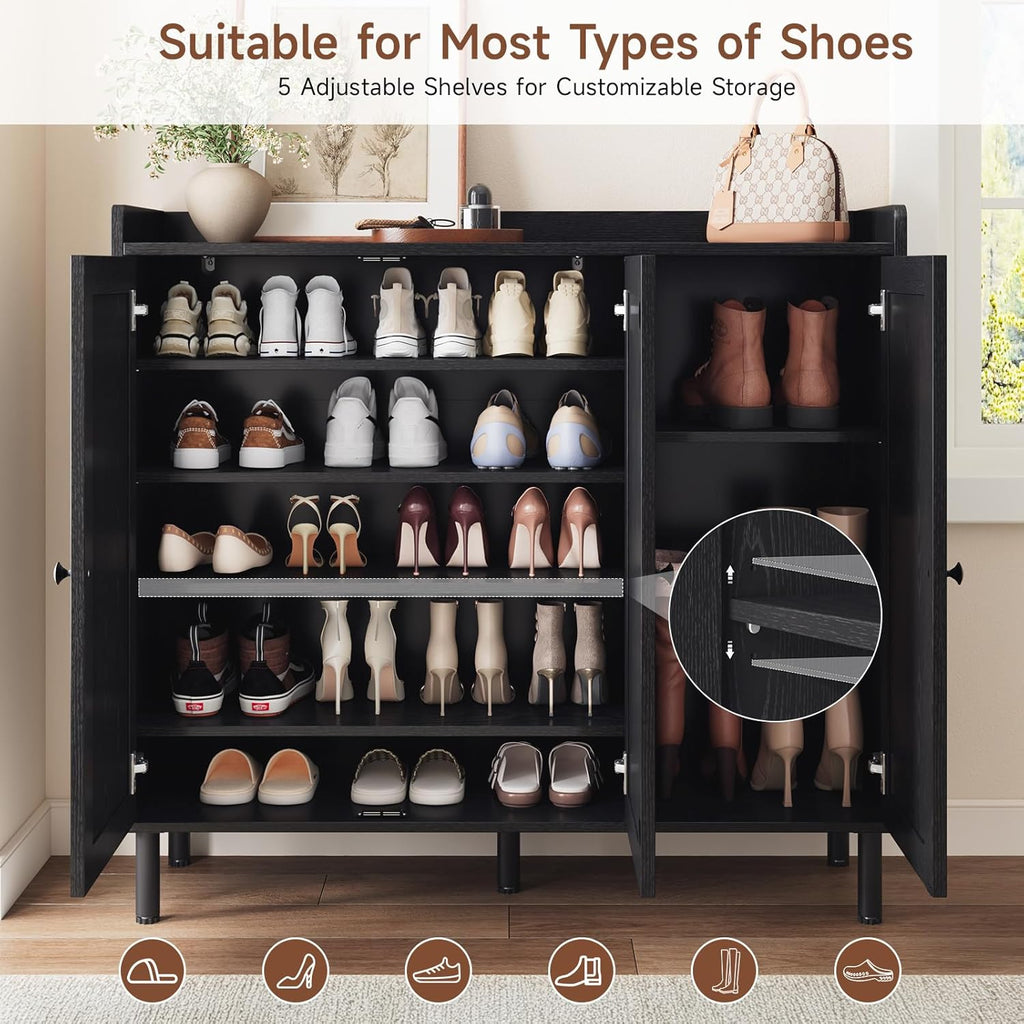 5+2 Tier Shoe Storage Cabinet with 3 Doors, 40" Tall Entryway Cabinet for 30 Pairs Shoe, Shoe Rack Organizer with 5 Adjustable Shelves & Metal Legs, Shoe Storage for Front Door Entrance, Black