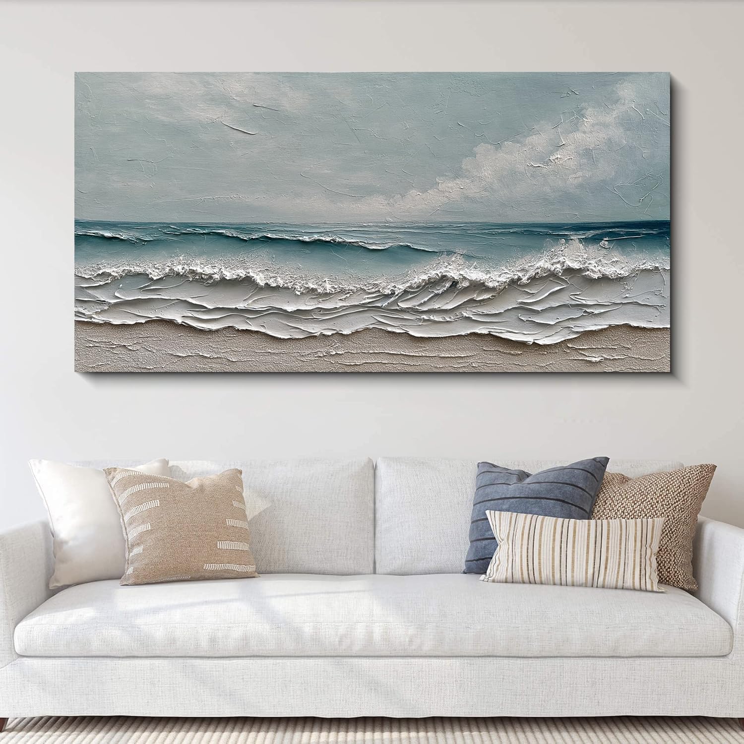 Diathou Art Hand-painted oil painting of ocean waves and sandy beach scenery, modern abstract blue landscape art, decorative wall painting for home office