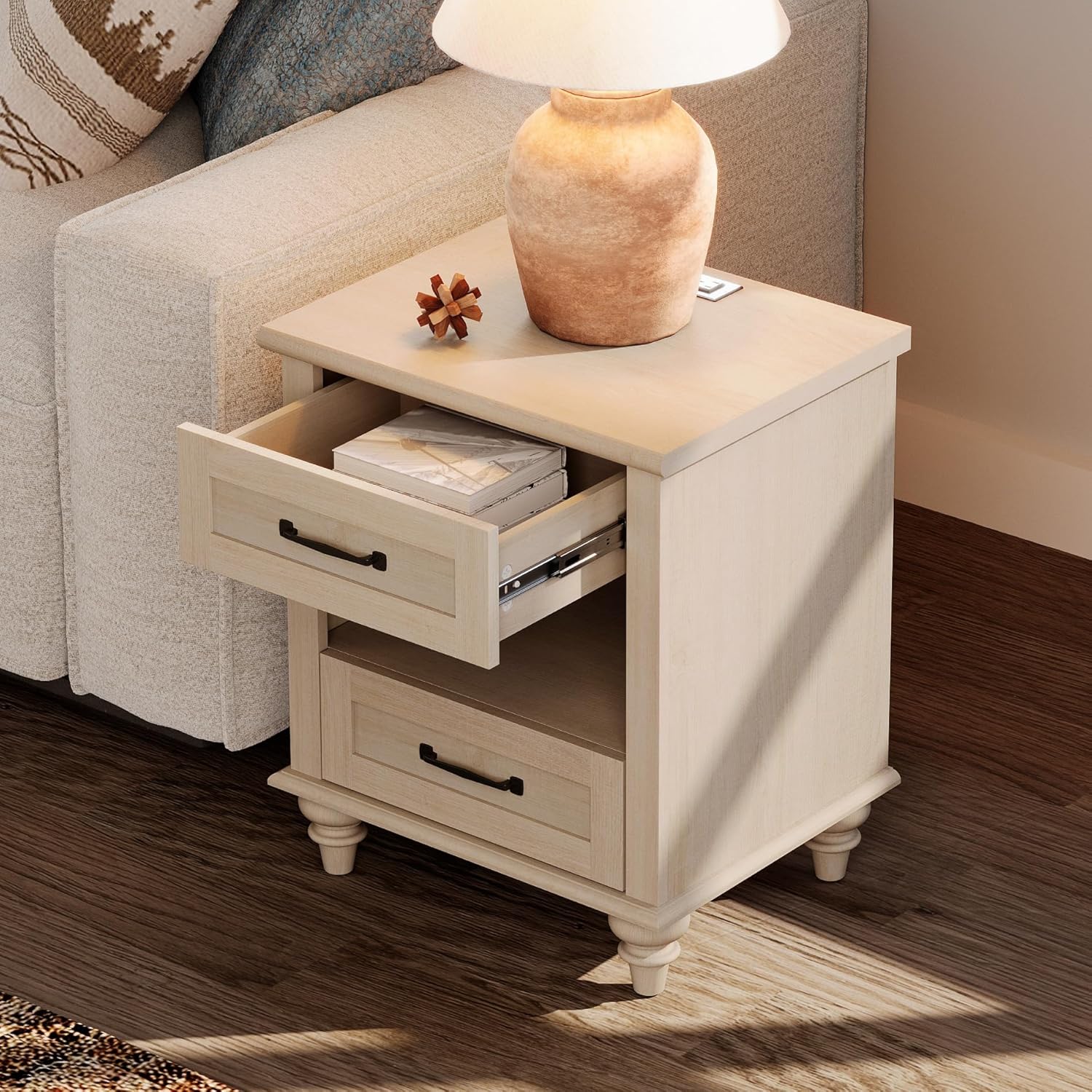 WAMPAT Beige Side Table with Charging Station, Elegant Nightstand for Bedroom with 2 Drawers & Open Shelf, Wooden End Table Bedside Table for Living Room, Kids Room