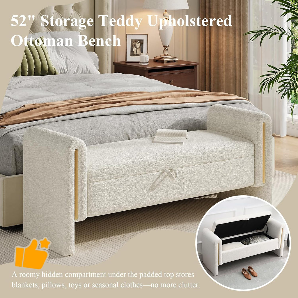 52" Storage Ottoman Bench, Teddy Upholstered End of Bed Bench with Pull-Ring, Storage Bench with Armrest, Window Bench Sturdy with Safety Hinge,Entryway Bench for Bedroom(Cream)