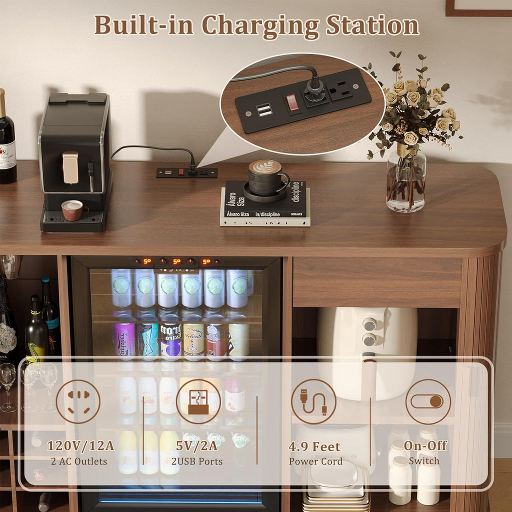 Coffee Bar Cabinet with Fridge Space, Liquor Wine Bar Cabinets with Wine Rack and Glass Holder, Mini Fridge Cabinet with Storage, Fluted Buffet Sideboard for Living Room, Home, Kitchen