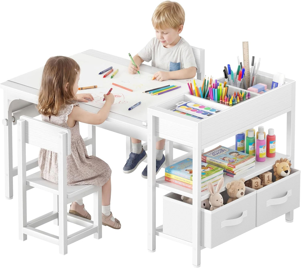 BOLUO Kids Art Table and Chair Set, Toddler Craft Table with Storage Drawers, Play Desk for Kids, Children Activity Learning Center, White