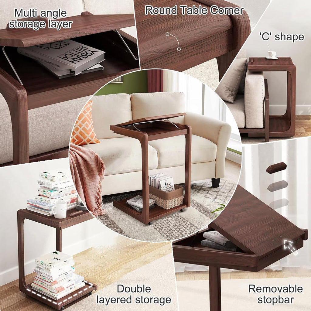Wooden C-Shaped End Table,Couch Table with 360° Lockable Caster,Small Rolling Side Table with Adjustable Desktop for Living Room,Small Side Tables for Eating Writing Reading Bedroom