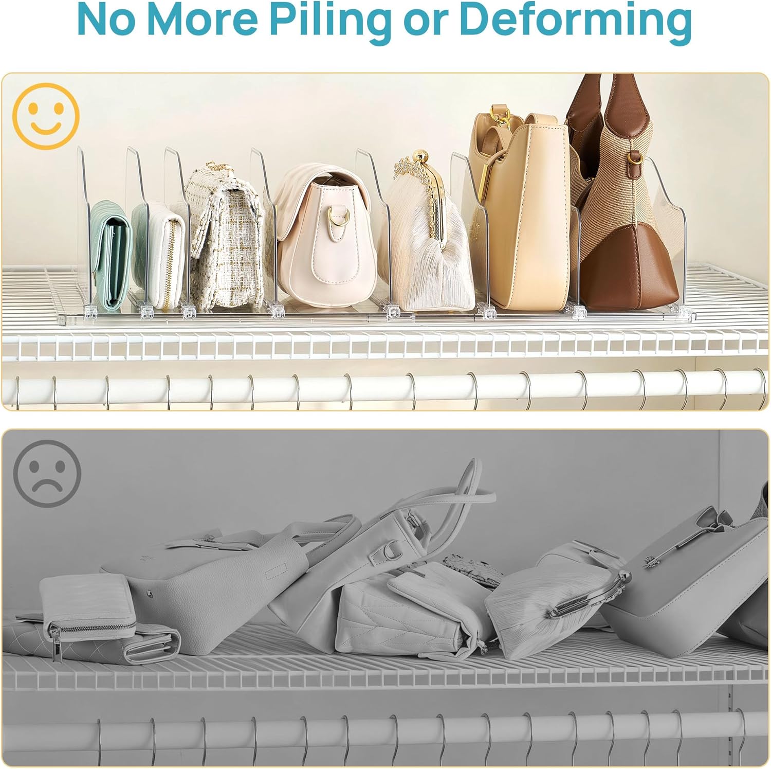 Vtopmart Free-Adjustable Purse Organizer for Closet with 2 Base, Clear Handbags Storage Organizer, Fits Different Bag Sizes & Closet Shelf, Expandable Plastic Shelf Dividers for Handbags, Wallets