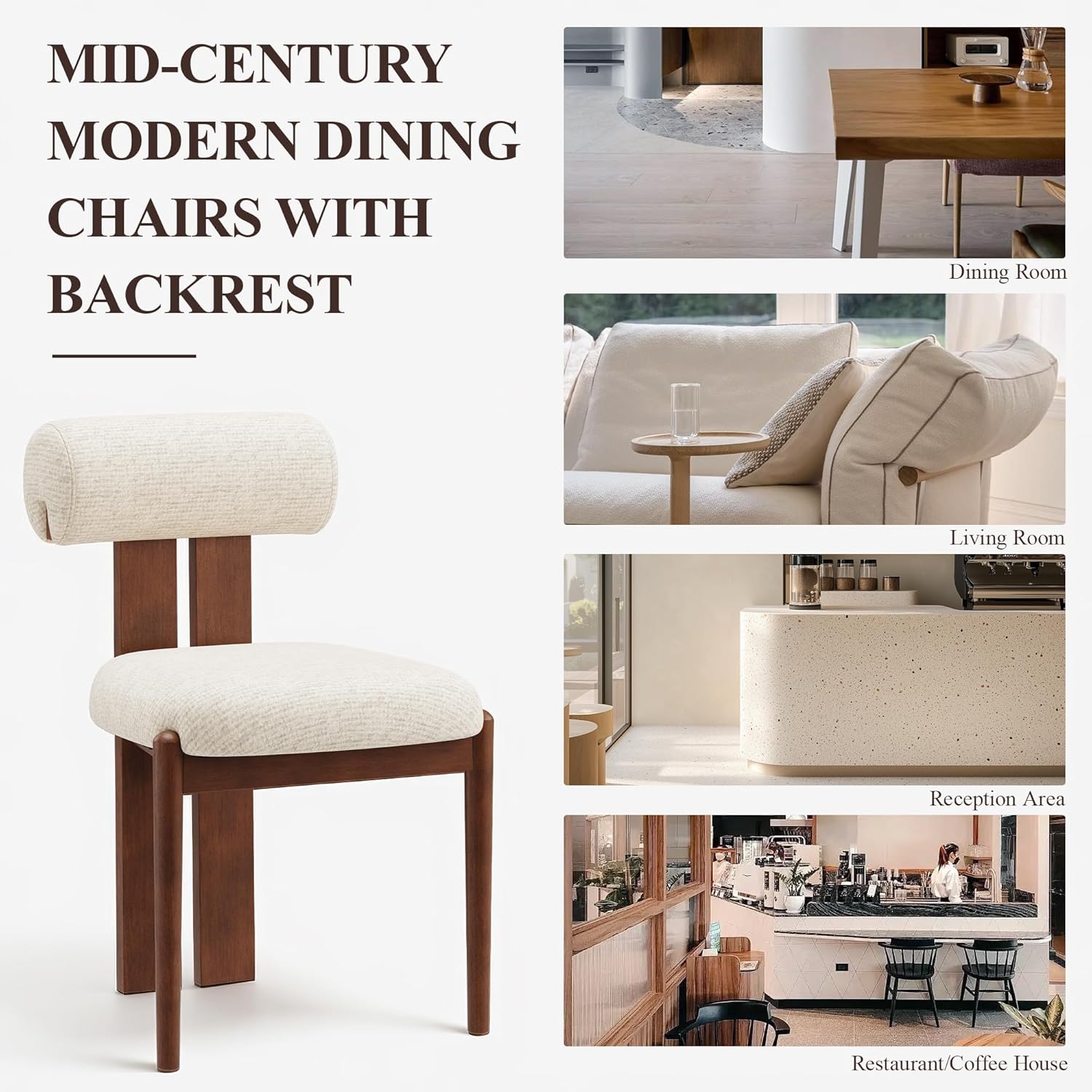 MALOL Modern Wooden Dining Chairs Set of 2, Upholstered Fabric Kitchen Chairs with Sculptural Backrest, Mid-Century Farmhouse Dining Room Chairs with Solid Wood Legs, Beige