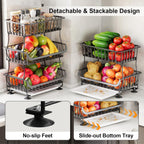 3 Tier Rolling Pantry Floor Organizers and Storage Cart with Wheels, Stackable Wire Fruit Basket Stand for Kitchen Organization, Three Tiered Pantry Storage Rack for Snack, Vegetable, Produce, Fruits