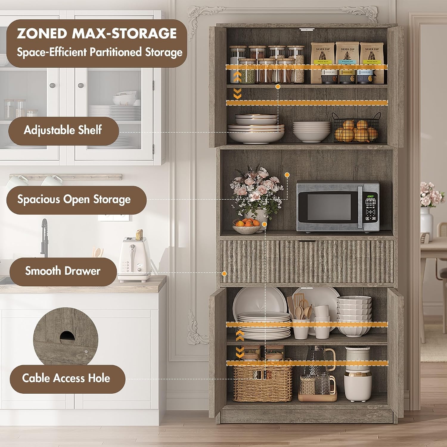 IDEALHOUSE Tall Storage Cabinet, 70" Kitchen Pantry Cabinet with Doors, Fluted Kitchen Hutch Cupboard with Microwave Shelf & Drawer, Freestanding Cupboard for Dining Room, Living Room, Gray