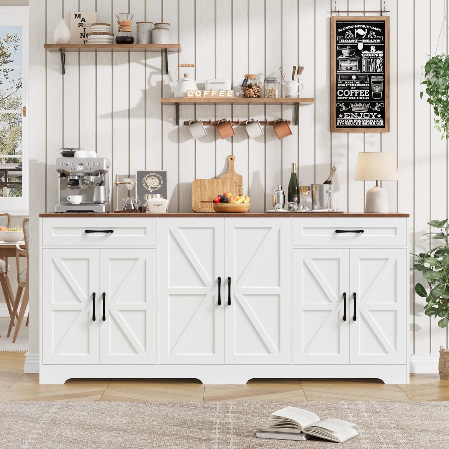 Large Sideboard Buffet Cabinet 71 Inch with Storage, Adjustable Shelves and 6 Barn Doors, Farmhouse Wood Coffee Wine Bar Console Table for Kitchen and Dining Room, White