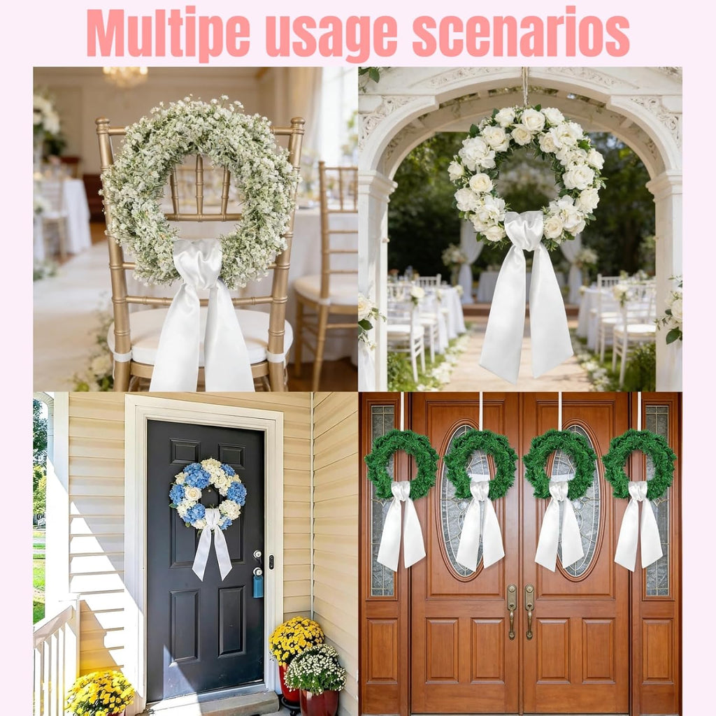 Dream Loom Wreath Sash for Front Door, 12pcs White Wreath Sash Garland Ribbon Accessories for Xmas Party Yard Doorway Indoor Outdoor Wall Wedding Decor