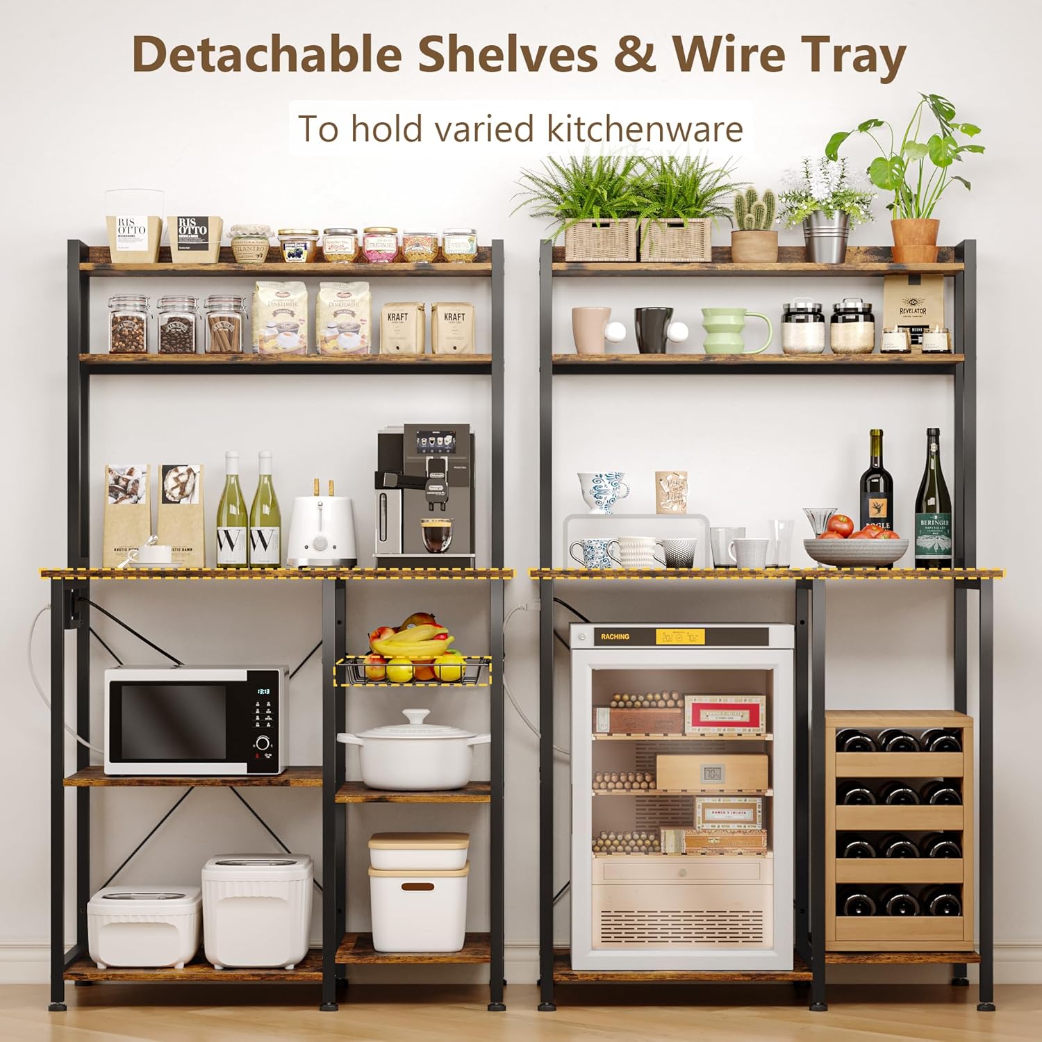 Einhomn Bakers Rack with Power Outlet, 35.4'' Coffee Bar with Wire Basket, Microwave Stand with Storage and Adjustable Feet, Versatile Kitchen Shelves for Pantry, Home Organization, Rustic Brown