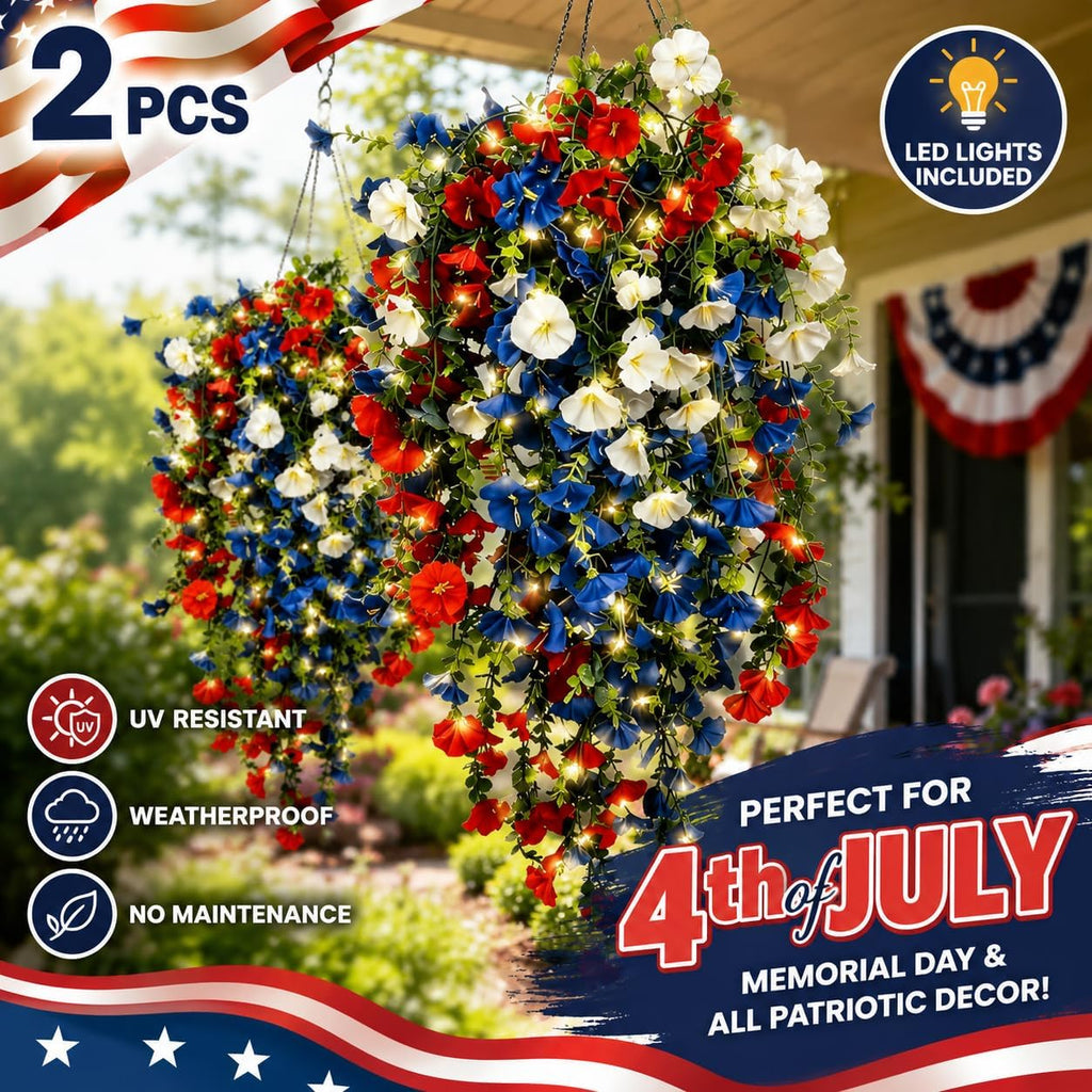 2 PCS Patriotic Hanging Flower Baskets with LED Lights, Red White and Blue Artificial Flowers for Outdoor Porch Decor, UV Resistant Faux Flowers for 4th of July, Memorial Day Garden Patio Decor