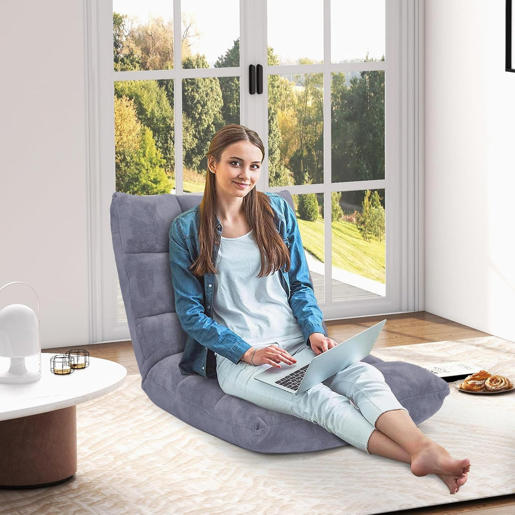 MAT EXPERT Floor Chair with Back Support, Floor Gaming Chair w/ 14 Adjustable Position, Soft Coral Fleece&Alloy Steel Frame, Foldable Padded Lazy Couch Recliner for Meditating (Gray, Large)