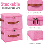 Storage Bin Box with Zippered Lid Cotton Linen Fabric Decorative Basket with PU Leather Handles PP Plastic Board Foldable Lidded Clothing Shelf Closet Organizer Container (Pink, Small)