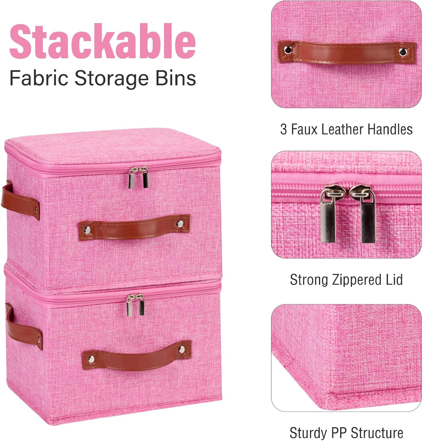 Storage Bin Box with Zippered Lid Cotton Linen Fabric Decorative Basket with PU Leather Handles PP Plastic Board Foldable Lidded Clothing Shelf Closet Organizer Container (Pink, Small)