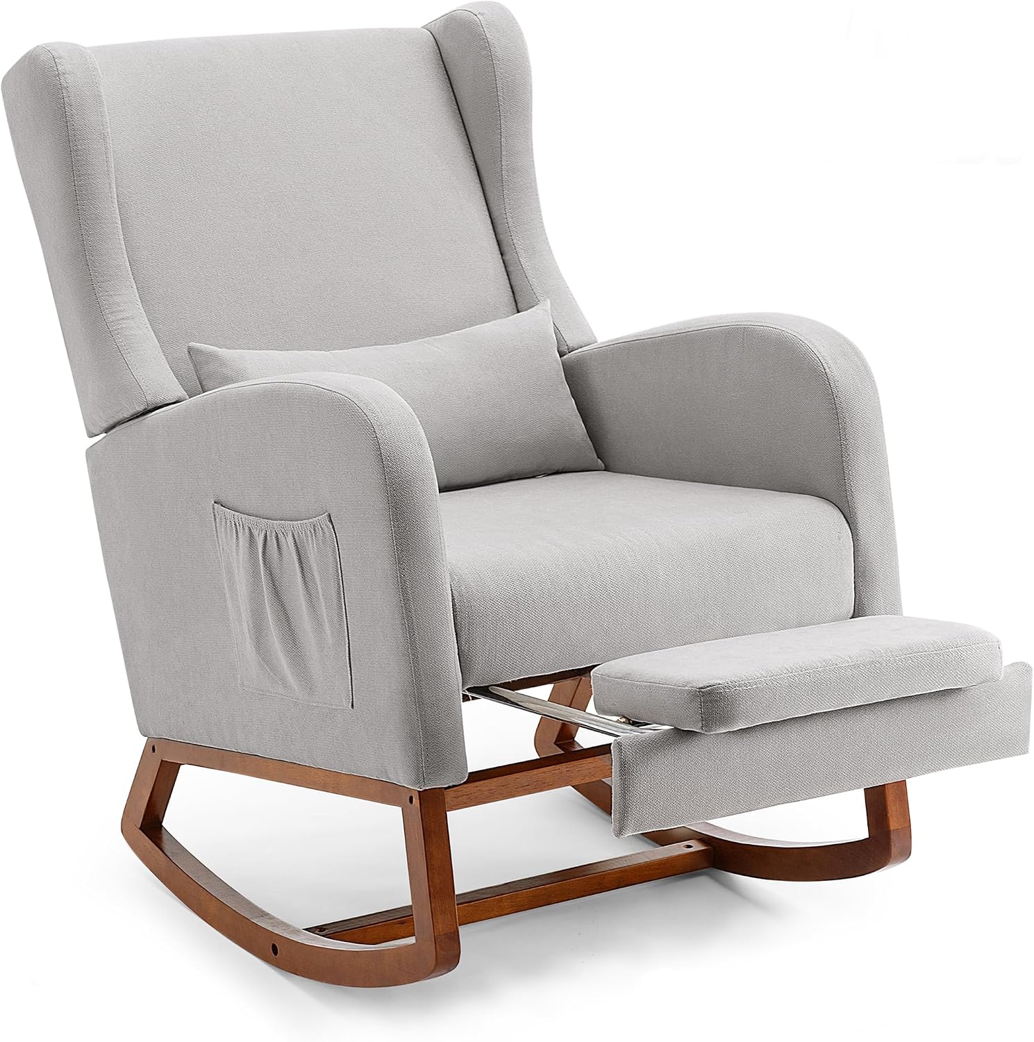 Nursery Rocking Chair with Footrest, Glider Rocking Nursing Chair Indoor, Upholstered Accent Nursery Glider Chair Rubber Wood Legs for Baby Nurser, Bedroom, Living Room, Light Gray