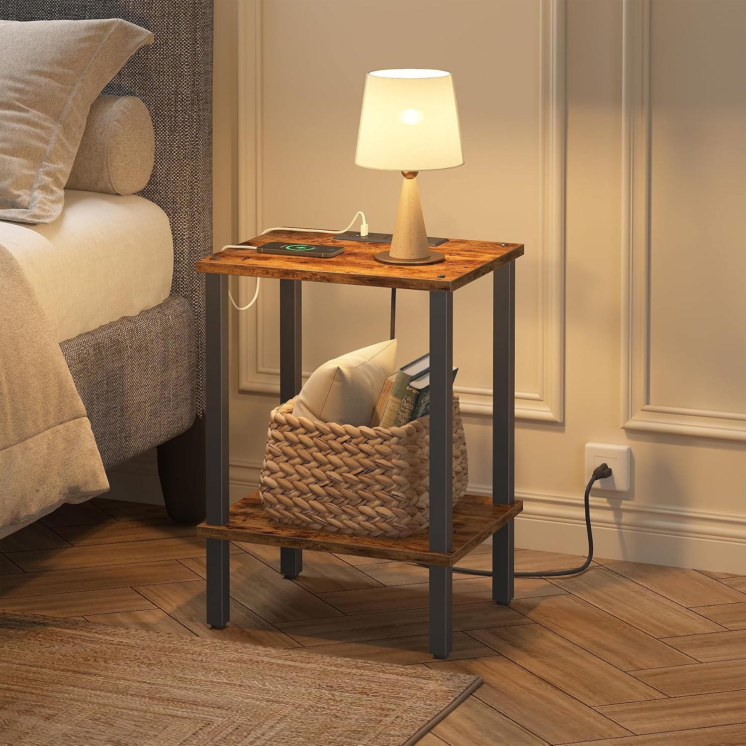 TUTOTAK End Table with Charging Station, Side Table with USB Ports and Outlets, Nightstand, 2-Tier Storage Shelf, Sofa Table for Small Space TB01BB040