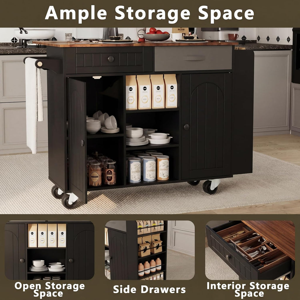 53" Length and 27.5" Width Rolling Kitchen Island with Storage, Portable Kitchen Island with Seating (Set of 2), Drop Leaf and 5 Wheels, Black