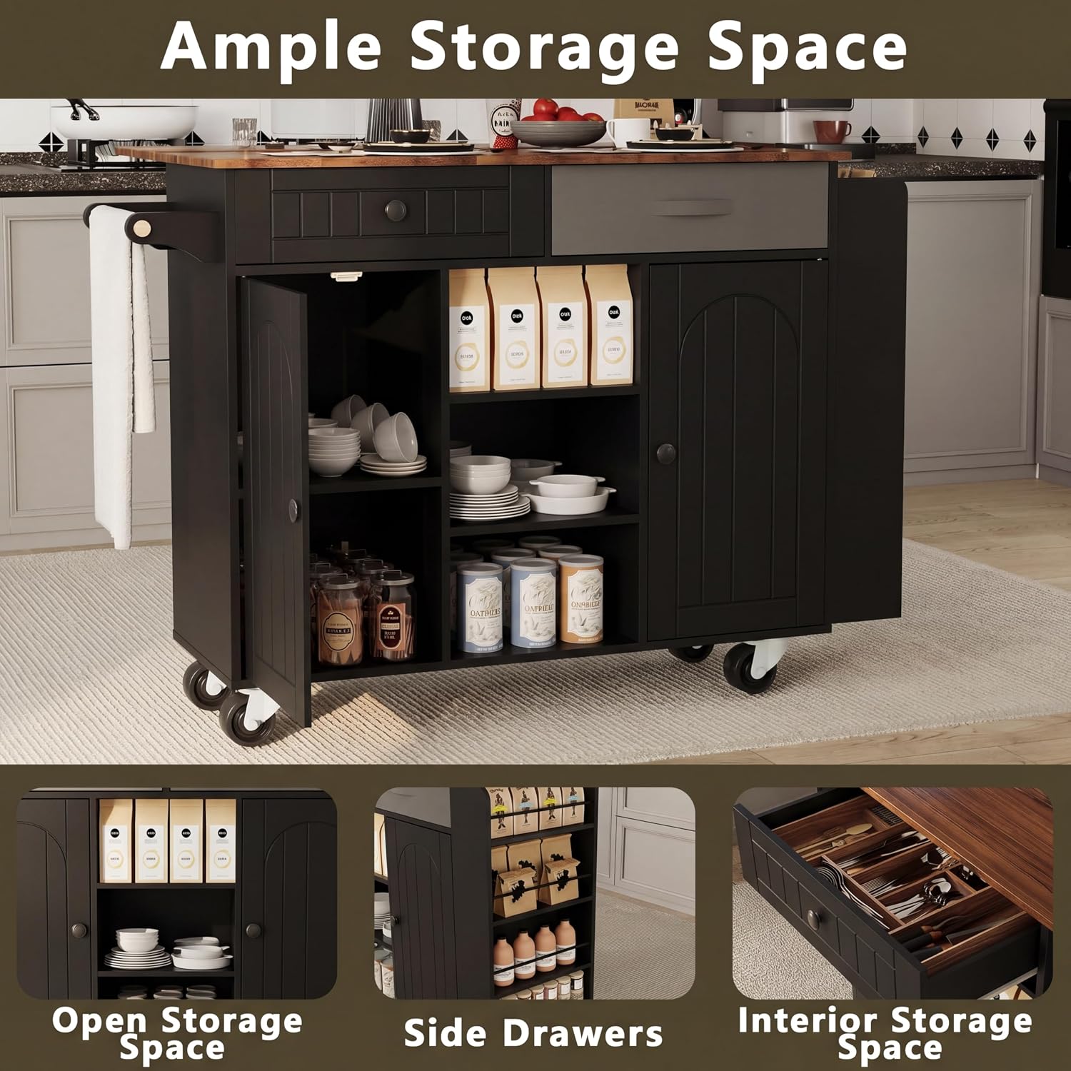 53" Length and 27.5" Width Rolling Kitchen Island with Storage, Portable Kitchen Island with Seating (Set of 2), Drop Leaf and 5 Wheels, Black