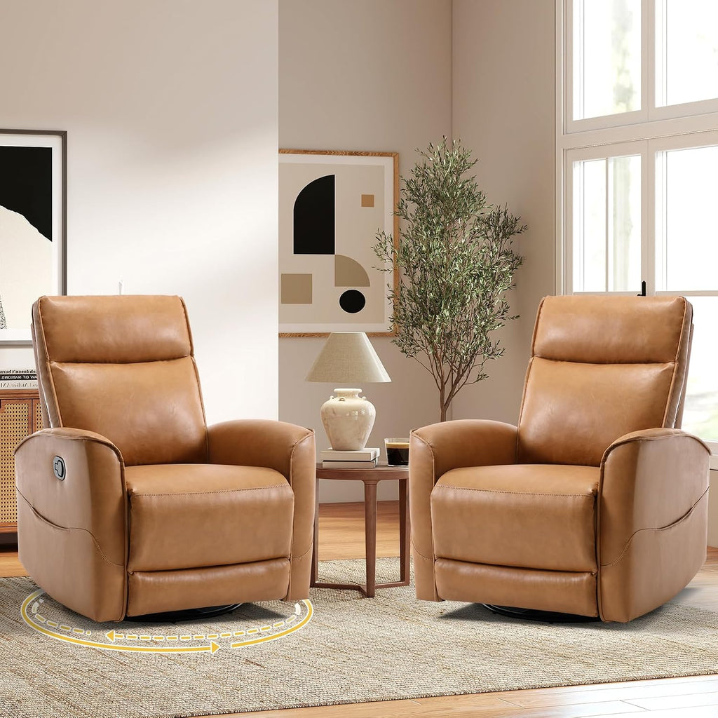 HAOMARKETS Swivel Rocker Recliner Chair Set of 2, Manual Faux Leather Glider Rocking Recliners for Adults, 360° Swivel Nursery Reclining Sofa with Storage Pocket