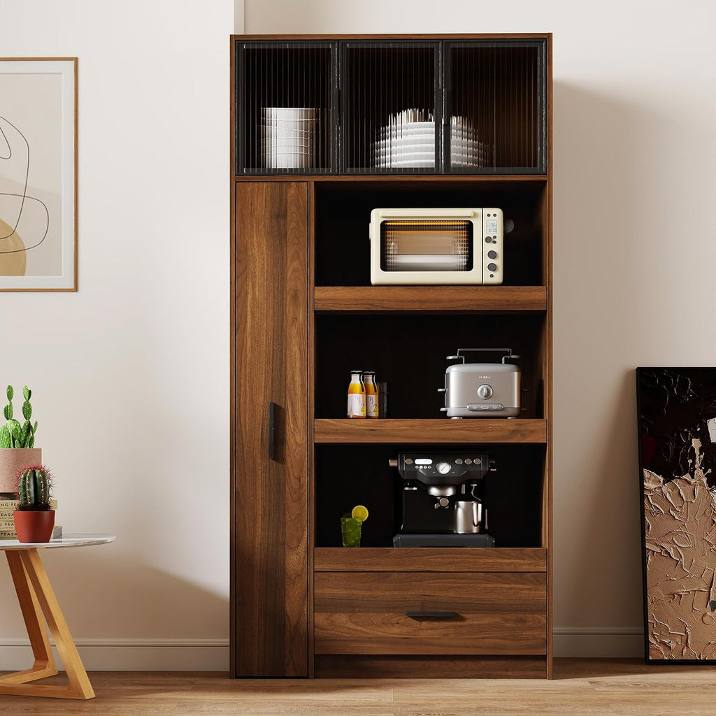 70.87" Tall Kitchen Pantry Cabinet with Pull-Out Shelves, 1 Drawer & Glass Door. Freestanding Food Storage Hutch with Microwave Stand for Dining Room. Multi-Tier Storage, Aluminum Frame