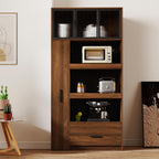 70.87" Tall Kitchen Pantry Cabinet with 4-Tier Storage Cart, 3 Glass Doors & Pull-Out Shelves, Freestanding Food Hutch Cabinet with Microwave Stand & Drawer for Dining Room, Walnut