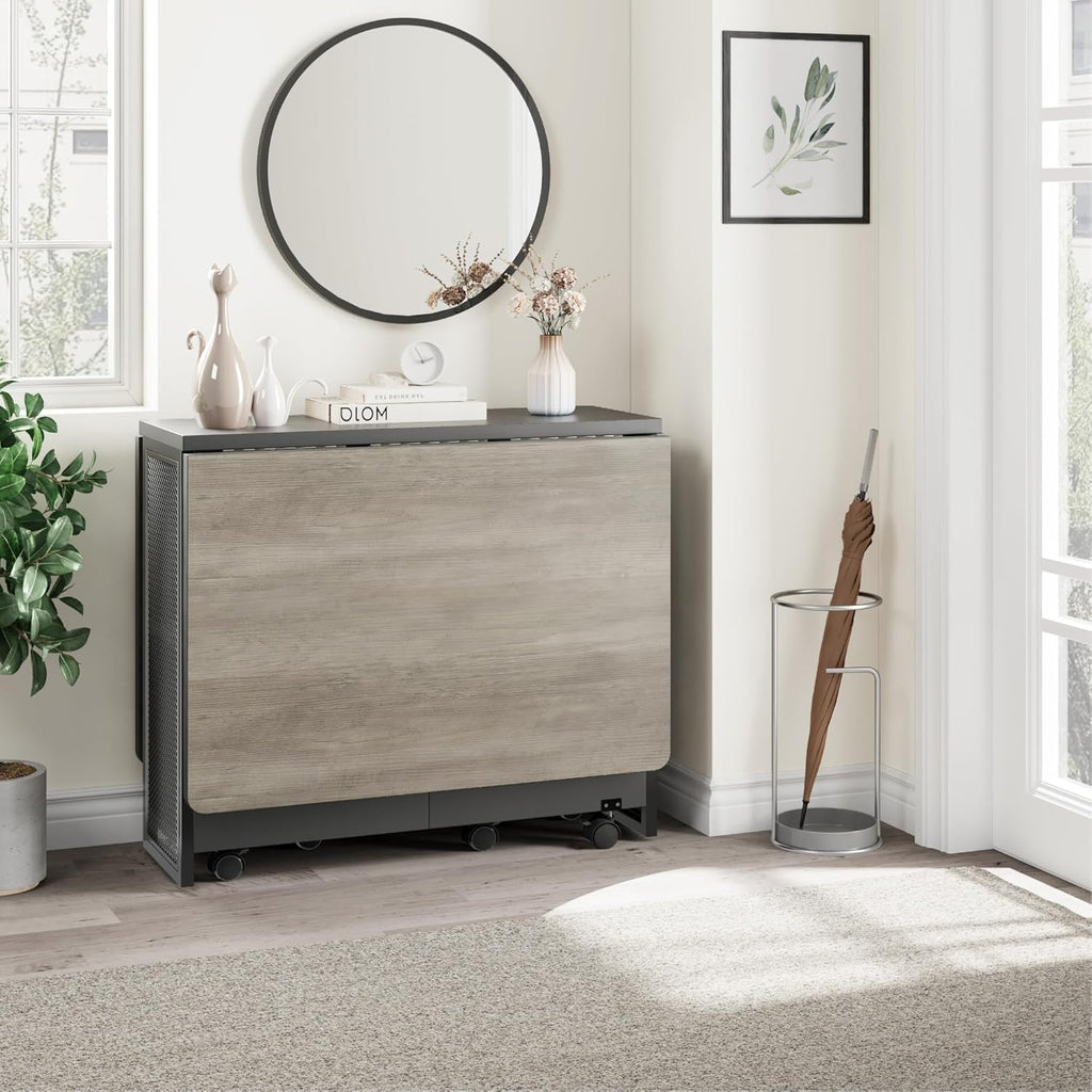 IDEALHOUSE FoldingTable, Drop Leaf Dining Table with 6 Wheels and 2-Layer Storage Shelf, Space Saving Table for Small Spaces (Slate Oak, 50.1" D x 31.4" W x 29.5" H)