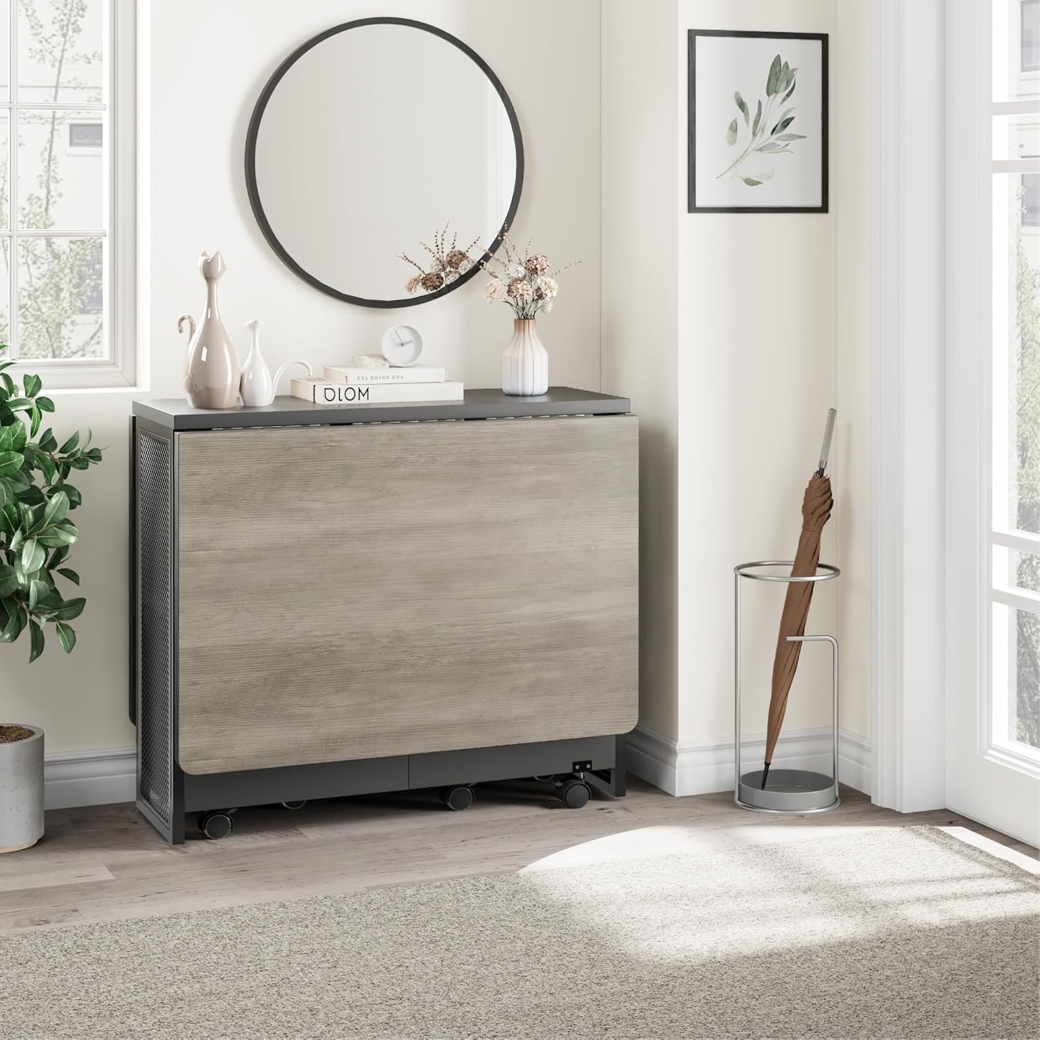 IDEALHOUSE FoldingTable, Drop Leaf Dining Table with 6 Wheels and 2-Layer Storage Shelf, Space Saving Table for Small Spaces (Slate Oak, 50.1" D x 31.4" W x 29.5" H)