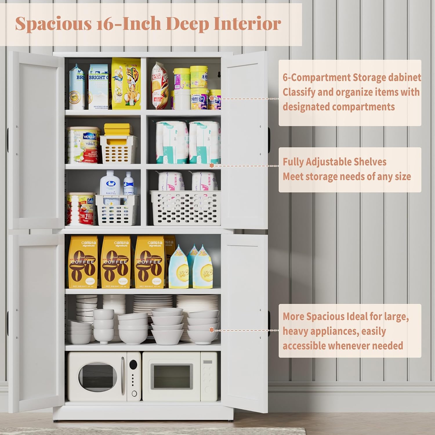 White Steel Kitchen Pantry Storage Cabinet with Barn Doors and Adjustable Shelves, Metal Farmhouse Cabinets for Living Room, Bathroom, Heavy Duty Rustic Pantry