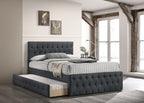 Contemporary Twin Size Bed w, Trundle Slats Charcoal Burlap Upholstered Button Tufted Headboard Footboard Youth Bedroom Furniture Wooden Slats 1pc Bed