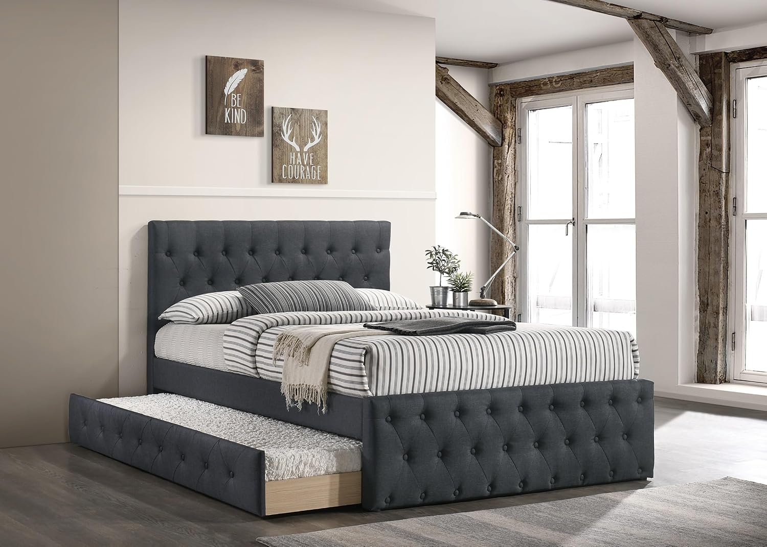 Contemporary Twin Size Bed w, Trundle Slats Charcoal Burlap Upholstered Button Tufted Headboard Footboard Youth Bedroom Furniture Wooden Slats 1pc Bed