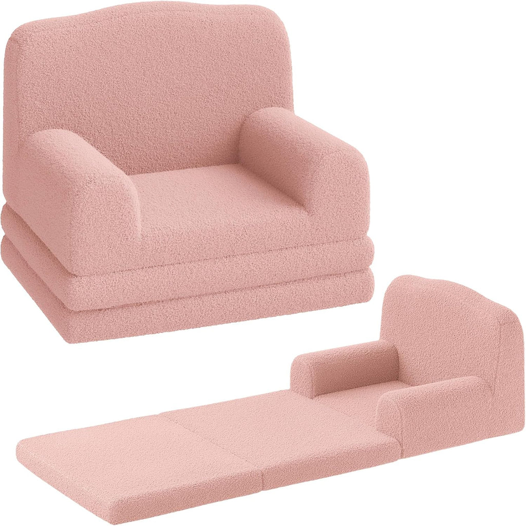 IDEALHOUSE Kids Sofa Chair, Sherpa Convertible Toddler Couch with Washable Cover, Crown Design Comfy Children's Reading Chair, Fold Out Sofa Bed for Playroom, Nursery, Girls & Boys