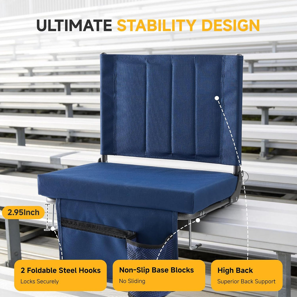 NEWBULIG Stadium Seats with 15.6" Back Support, Wide Bleacher Chairs with 3.15" Thick Padded, Portable Folding Lightweight Bleacher Seat with Hooks for Sports Events, Concerts, Camping, Dark Blue