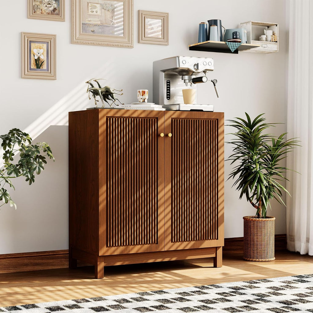 SUNBURY Fluted Cabinet with Storage, Mid Century Modern Accent Cabinet with 2 Doors, Sideboard Buffet with Adjustable Shelves for Living Room, Kitchen, Entryway