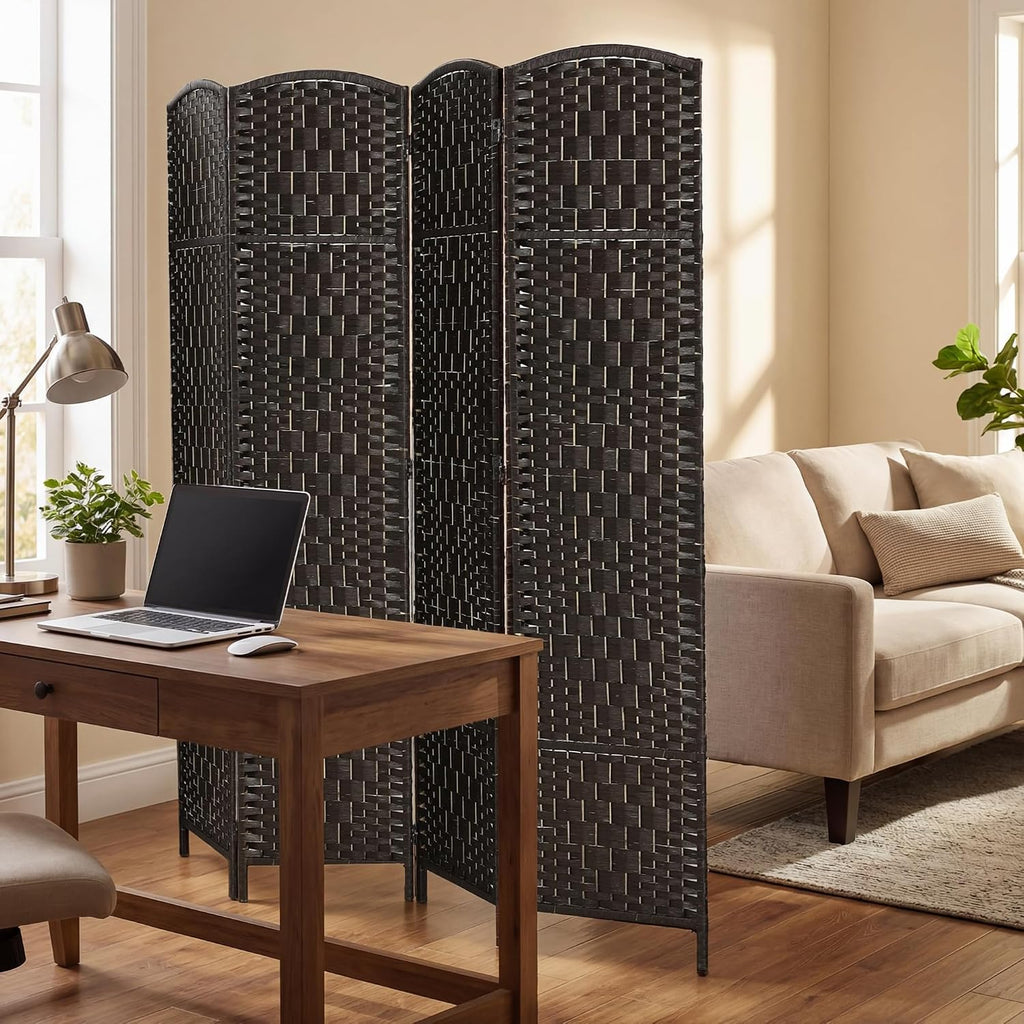 HOMCOM Room Divider 4 Panel, 6FT Tall Folding Privacy Screen, Freestanding Hand-Woven Partition for Room Separation with 360° Hinges, Paper Rope Diamond Weave, Coffee