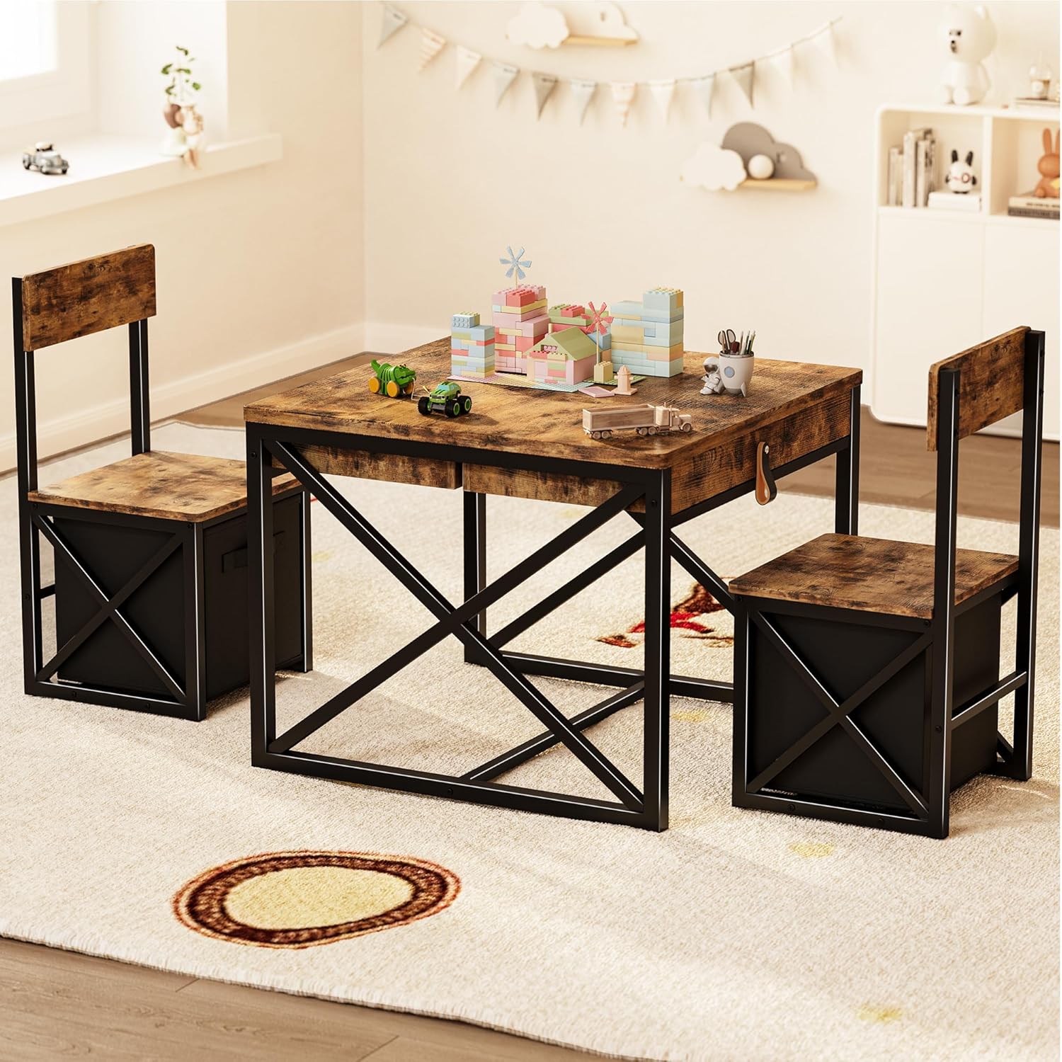 Kids Table and 2 Chairs Set, 4 in 1 Toddler Activity Table and Chairs Set with Storage, Children Desk and Chairs Set for Crafts, Drawing, Reading, Toddler Furniture Ideal for Learning Play